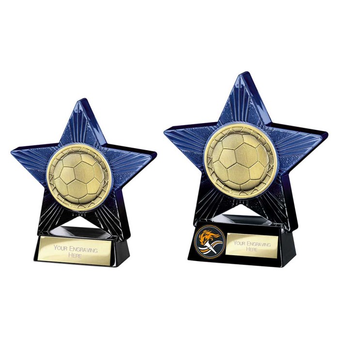 SUPERSTAR BLUE FOOTBALL RESIN TROPHY - 2 SIZES 11CM & 14CM